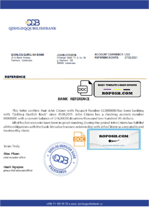 Uzbekistan Qishloq Qurilish Bank account reference letter template in Word and PDF format