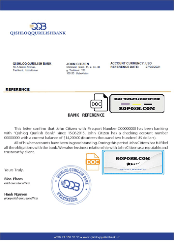 Uzbekistan Qishloq Qurilish Bank account reference letter template in Word and PDF format