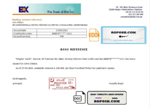 Pakistan Khyber bank account reference letter template in Word and PDF format