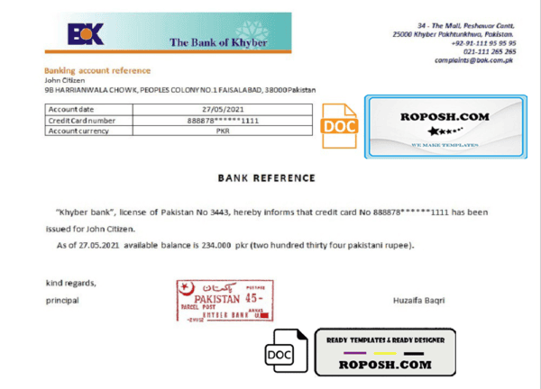 Pakistan Khyber bank account reference letter template in Word and PDF format