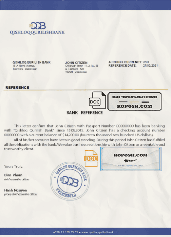 Uzbekistan Qishloq Qurilish Bank account reference letter template in Word and PDF format