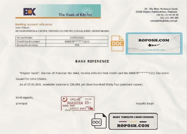 Pakistan Khyber bank account reference letter template in Word and PDF format