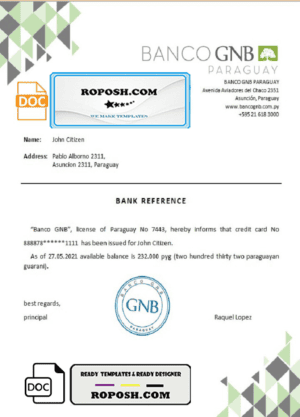Paraguay Banco GNB bank account reference letter template in Word and PDF format