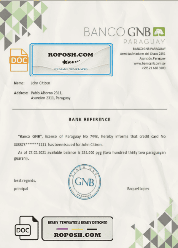 Paraguay Banco GNB bank account reference letter template in Word and PDF format