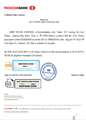 Vietnam Techcombank bank reference letter template in Word and PDF format