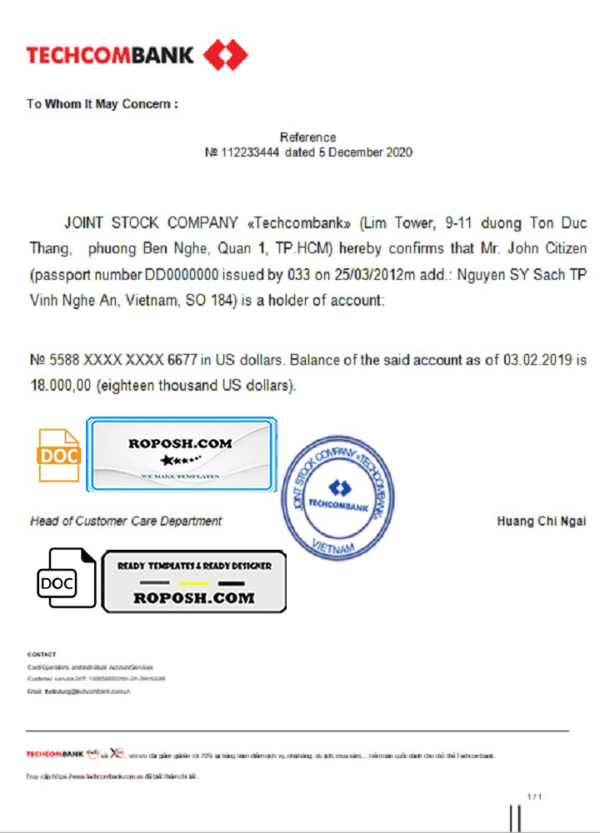 Vietnam Techcombank bank reference letter template in Word and PDF format