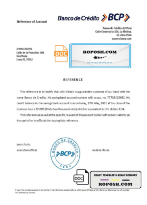 Peru Banco de Credito bank account reference letter template in Word and PDF format