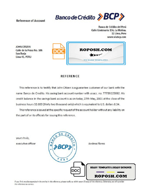 Peru Banco de Credito bank account reference letter template in Word and PDF format