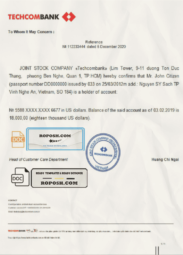 Vietnam Techcombank bank reference letter template in Word and PDF format