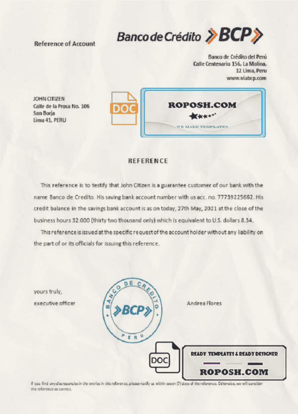 Peru Banco de Credito bank account reference letter template in Word and PDF format