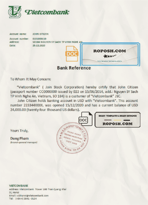 Vietnam Vietcombank bank reference letter template in Word and PDF format