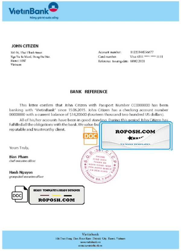 Vietnam Vietinbank bank reference letter template in Word and PDF format