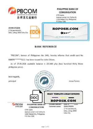 Philippines Pilippine Bank of Comunication bank reference letter template in Word and PDF format