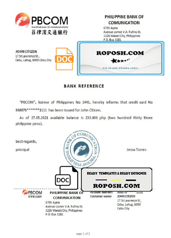 Philippines Pilippine Bank of Comunication bank reference letter template in Word and PDF format