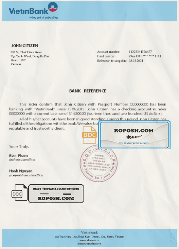 Vietnam Vietinbank bank reference letter template in Word and PDF format