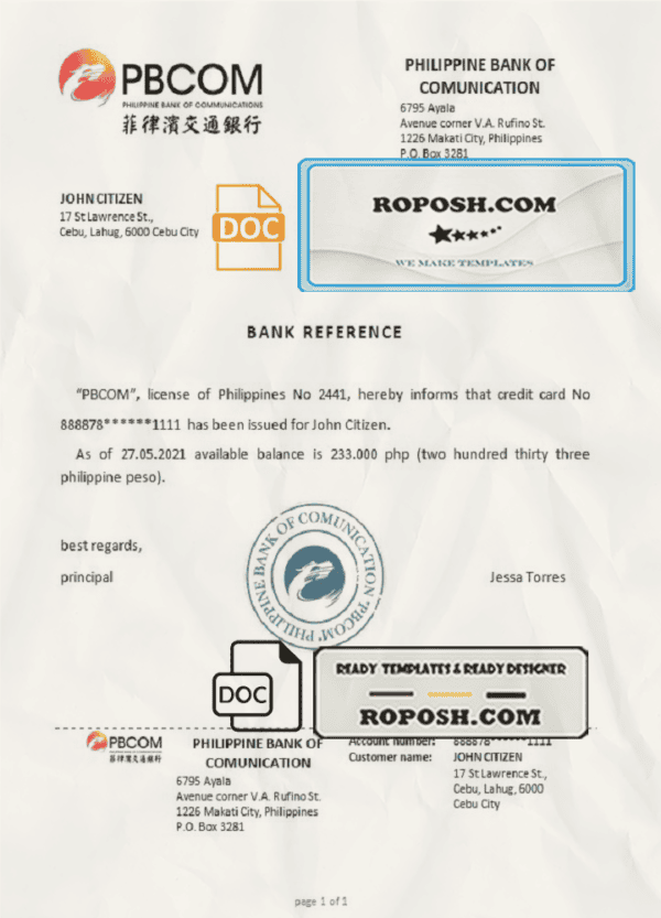 Philippines Pilippine Bank of Comunication bank reference letter template in Word and PDF format