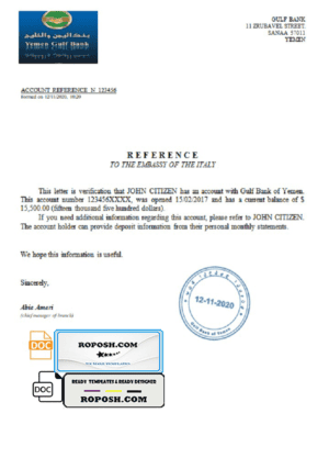 Yemen Gulf bank account reference letter template in Word and PDF format