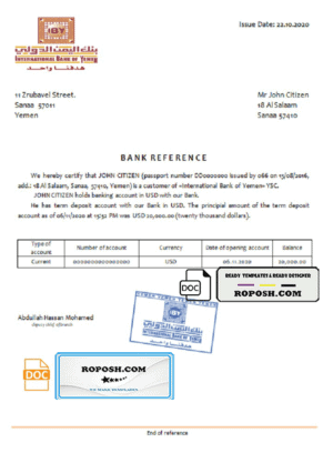 Yemen International Bank of Yemen bank reference letter template in Word and PDF format