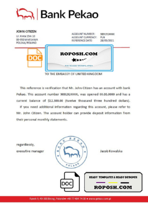 Poland Bank Pekao reference letter template in Word and PDF format