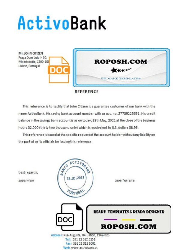 Portugal Activobank bank account reference letter template in Word and PDF format