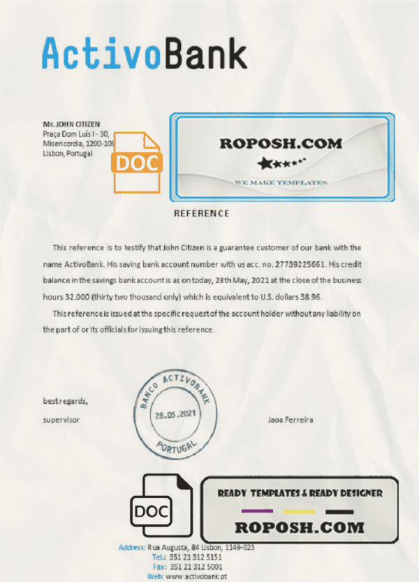 Portugal Activobank bank account reference letter template in Word and PDF format