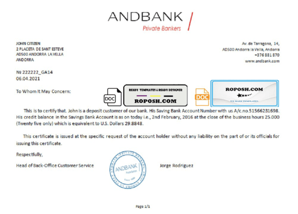 Andorra Andbank account reference letter template in Word and PDF format