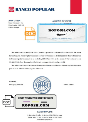 Portugal Banco Popular bank account reference letter template in Word and PDF format