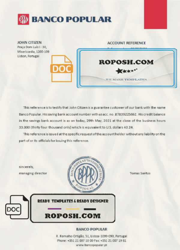 Portugal Banco Popular bank account reference letter template in Word and PDF format
