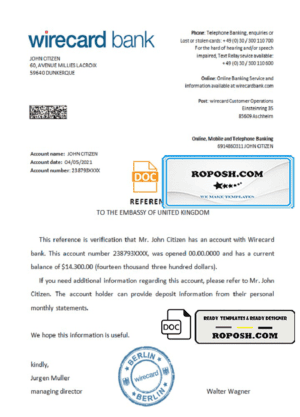 Germany Wirecard bank account reference letter template in Word and PDF format