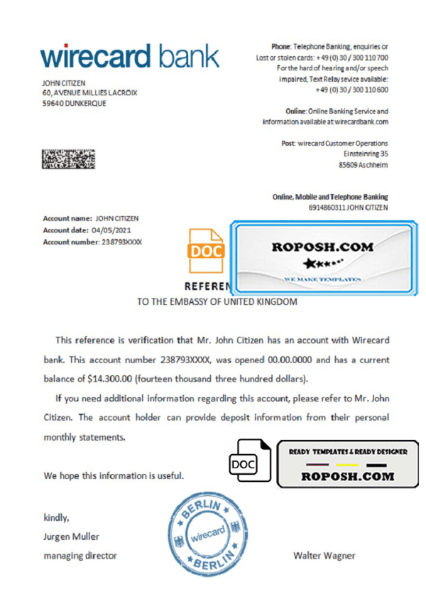 Germany Wirecard bank account reference letter template in Word and PDF format