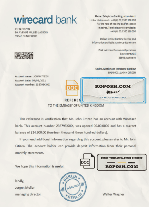 Germany Wirecard bank account reference letter template in Word and PDF format