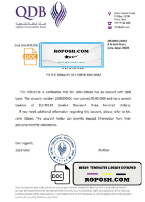 Qatar Development Bank bank account reference letter template in Word and PDF format
