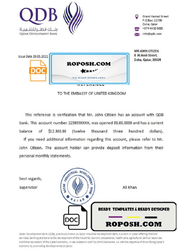 Qatar Development Bank bank account reference letter template in Word and PDF format
