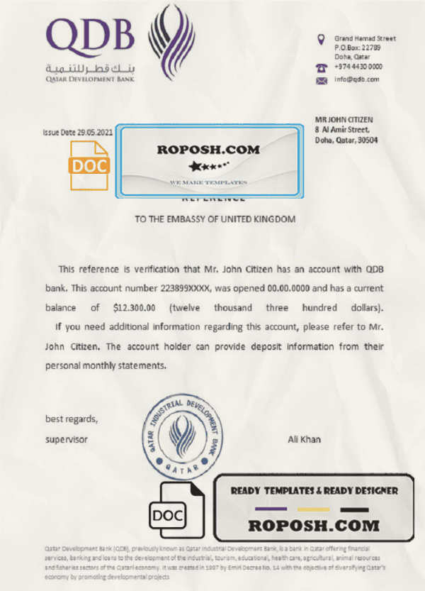 Qatar Development Bank bank account reference letter template in Word and PDF format
