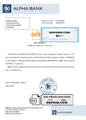 Romania Alpha Bank bank account reference letter template in Word and PDF format