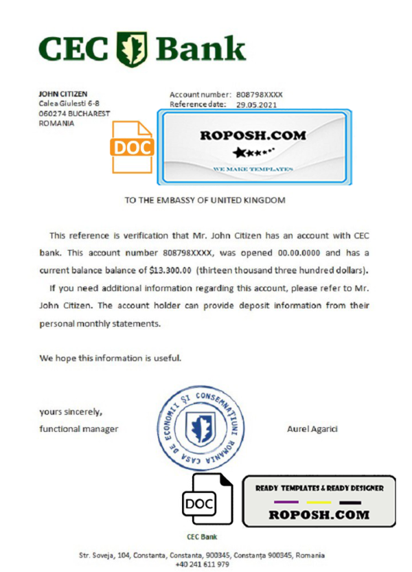 Romania CEC Bank bank account reference letter template in Word and PDF format