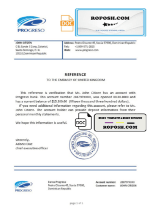 Dominican Republic Banco Progreso bank account balance reference letter template in Word and PDF format