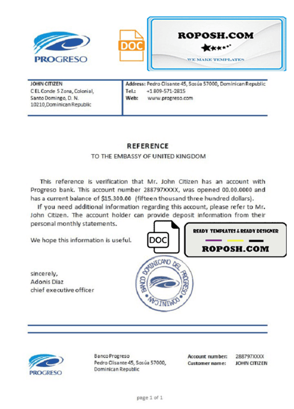 Dominican Republic Banco Progreso bank account balance reference letter template in Word and PDF format