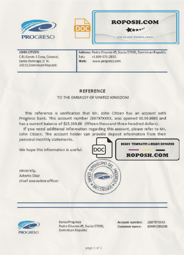 Dominican Republic Banco Progreso bank account balance reference letter template in Word and PDF format