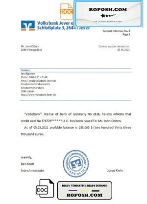 Germany Volksbank bank account reference letter template in Word and PDF format