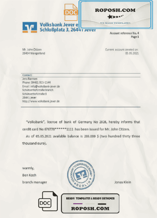 Germany Volksbank bank account reference letter template in Word and PDF format