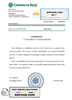 USA Commerce Bank bank account reference letter template in Word and PDF format