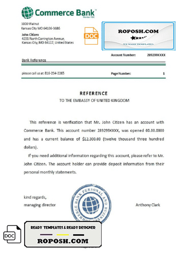 USA Commerce Bank bank account reference letter template in Word and PDF format