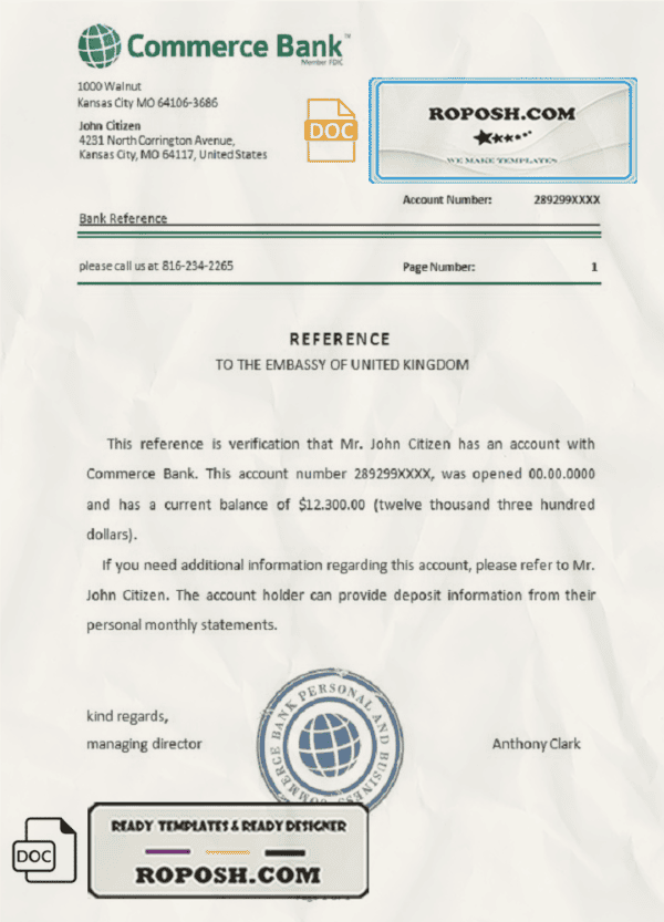 USA Commerce Bank bank account reference letter template in Word and PDF format