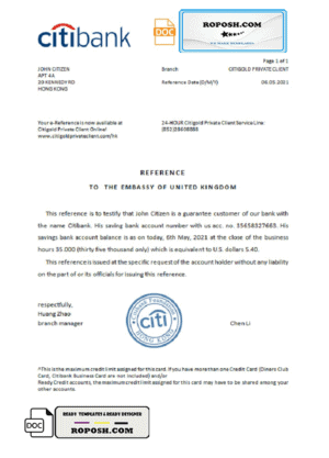 Hong Kong Citibank reference letter template in Word and PDF format