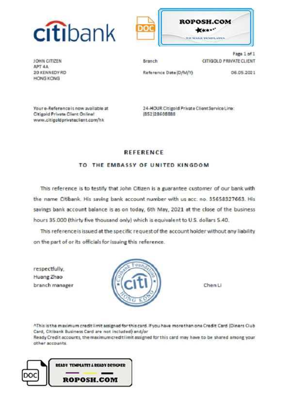 Hong Kong Citibank reference letter template in Word and PDF format