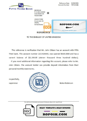 USA Fifth Third Bank bank account reference letter template in Word and PDF format