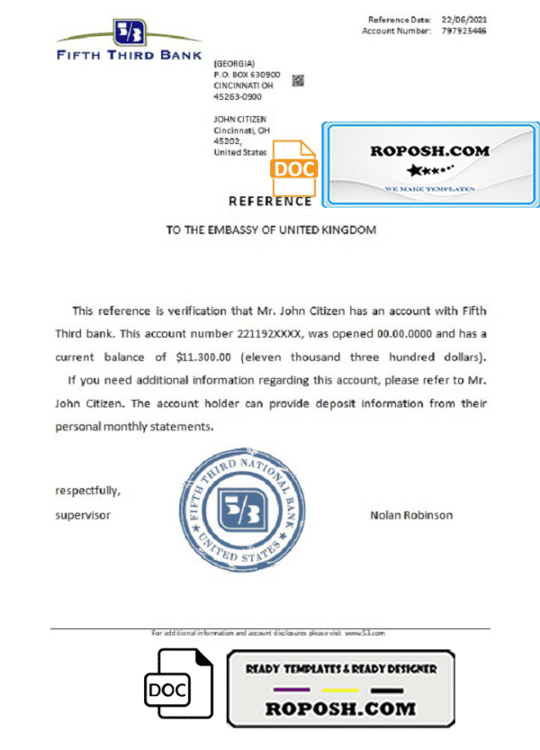 USA Fifth Third Bank bank account reference letter template in Word and PDF format