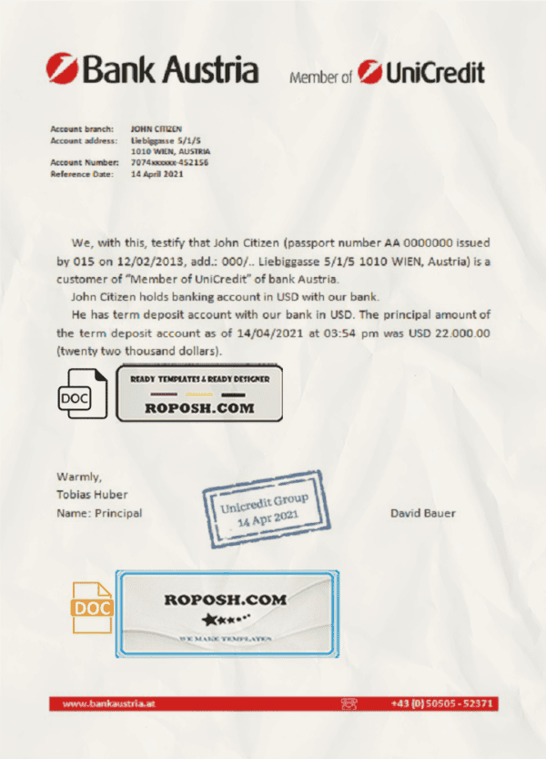 Austria Bank Austria account reference letter template in Word and PDF format