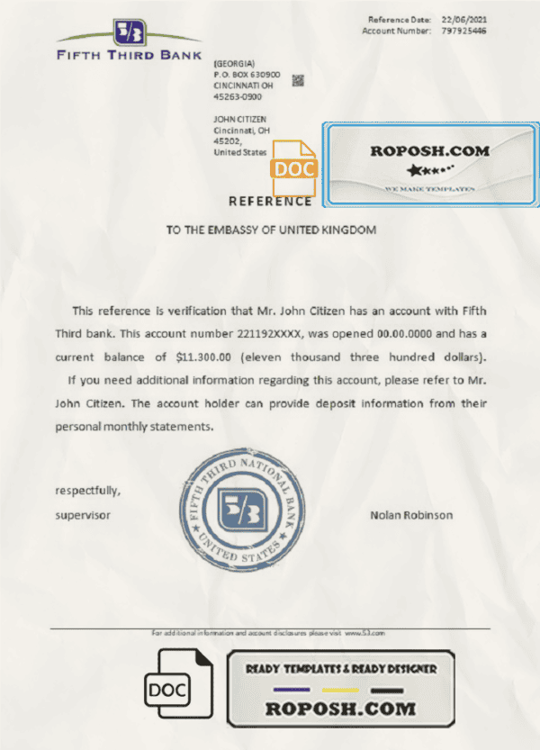 USA Fifth Third Bank bank account reference letter template in Word and PDF format